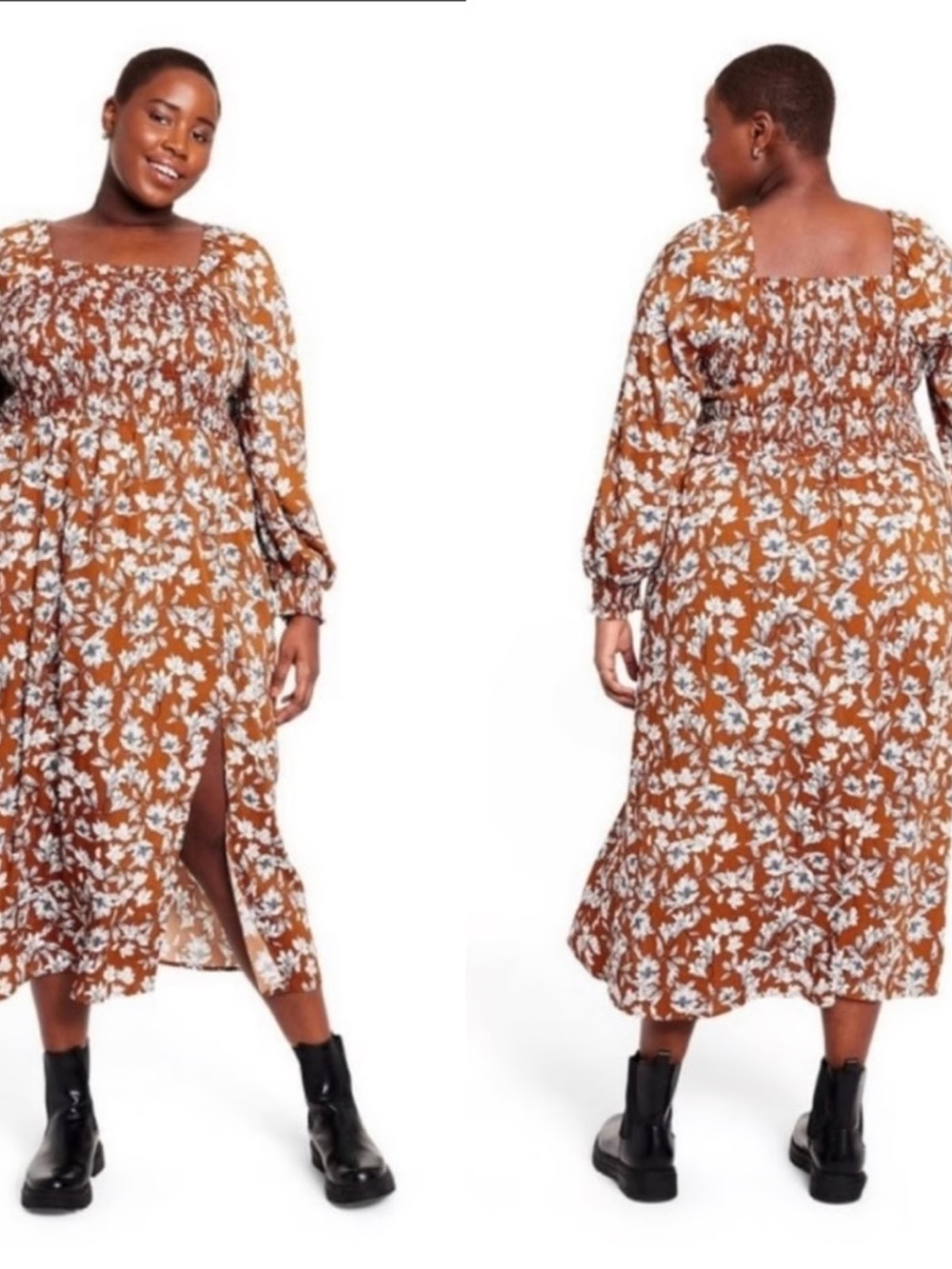 La Ligne Brown Floral Square-Neck Midi Dress